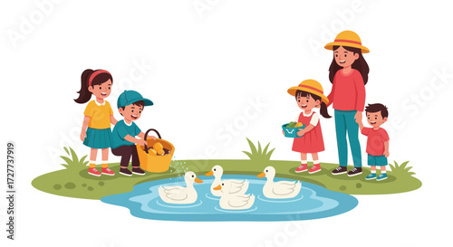 Children and adults feeding ducks by a pond in a park.