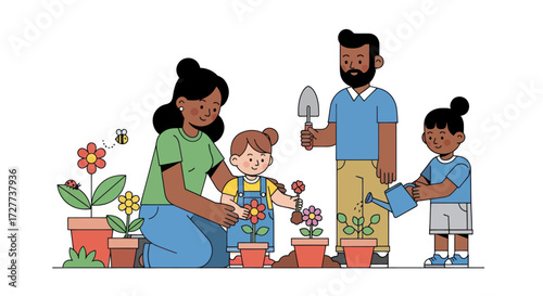 A diverse family with two children enjoying a gardening hobby together planting flowers in pots.