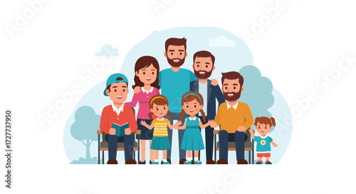Cartoon Illustration of a Multi-Generational Family Group Portrait with Diverse Ages and Relationships.