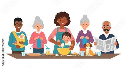 Diverse Group of People Engaged in Activities: Knitting Reading Cooking and Childcare.