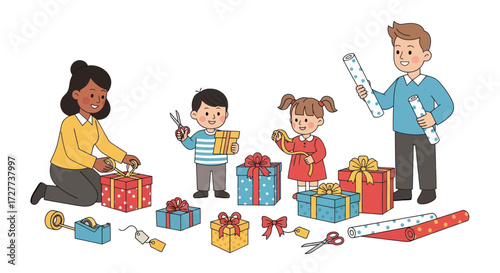 Family happily wrapping presents together for a festive occasion.
