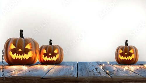 Three glowing jack-o'-lanterns on a rustic wooden table against a white background with copy space.