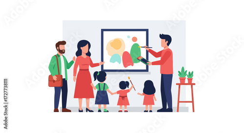 Family Viewing Abstract Art in Gallery.