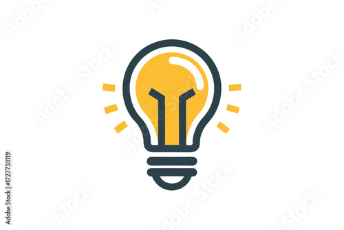 Bright yellow light bulb shines, radiating creative energy and ideas outward on white background