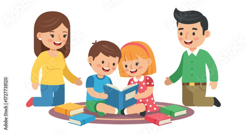 Happy family reading a book together on a rug with surrounding books.