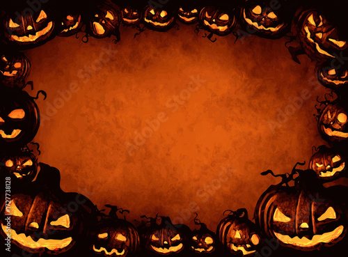 A spooky Halloween-themed image featuring carved pumpkins arranged around a central orange space.