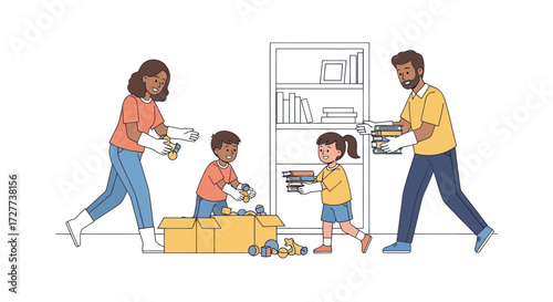 Diverse Family Organizing Books and Toys Together at Home.