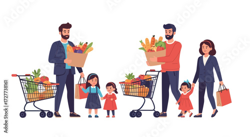 Diverse families with shopping carts filled with groceries enjoying a shopping trip.