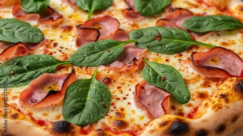 Delicious pizza with ham and spinach, fresh from the oven