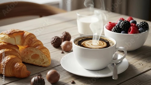 Breakfast with fresh croissants, coffee, milk, and berries on a table