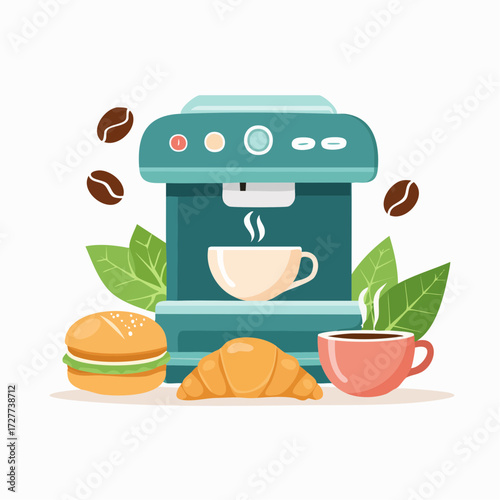 Coffee maker with coffee, croissant, burger and coffee beans illustration.