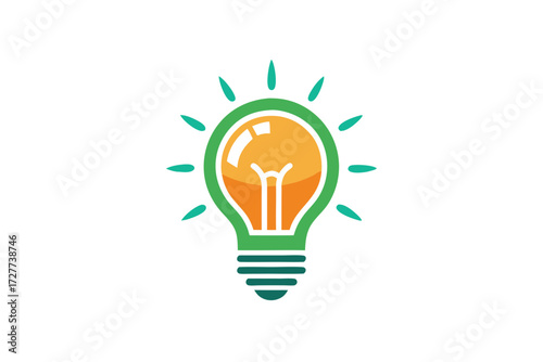 An orange light bulb encased in a vibrant green outline radiates short teal lines