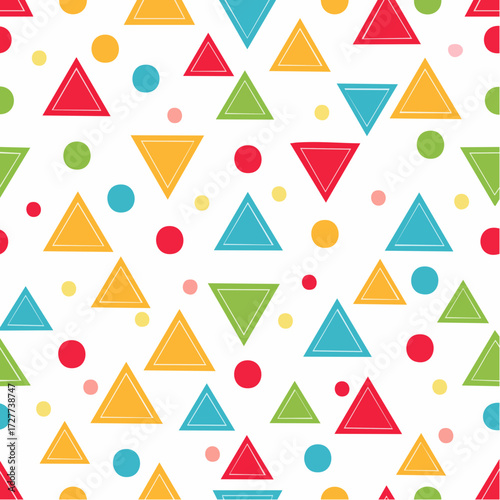 Seamless pattern featuring a cheerful arrangement of colorful geometric triangles and polka dots on a clean white background, ideal for playful designs.