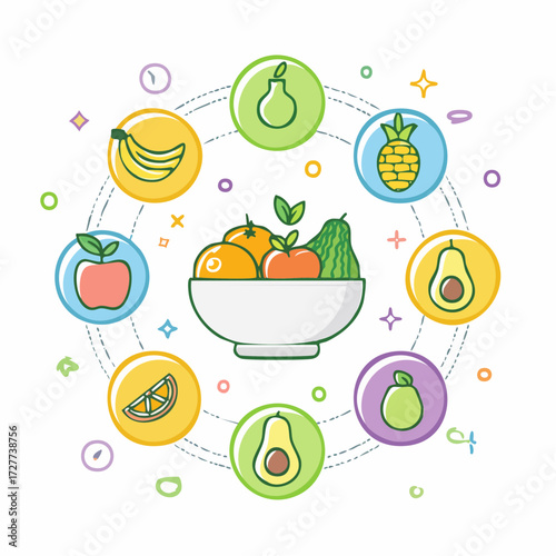 Colorful illustration of various fruits in a bowl, surrounded by individual fruit icons.