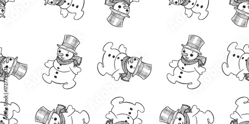 Christmas snowmen in hat seamless pattern, vector, outline hand drawn background, paper, wrapper, wallpaper