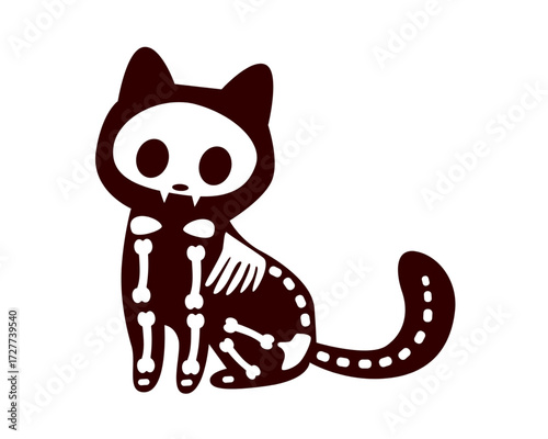 A cute black cat in a skeleton costume ready for a spooky Halloween. Adorable macabre feline character illustration isolated on a white background