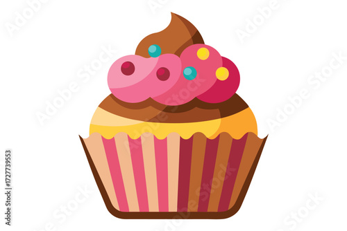 An iced chocolate cupcake is adorned with pink frosting and colorful sprinkles