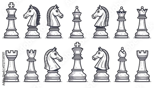 Twelve stylized chess pieces arranged in two rows, sketched with hatching and linework