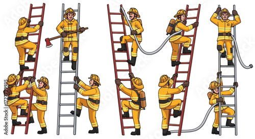 A collection of cartoon firefighters in yellow bunker gear climbing ladders with rescue equipment.