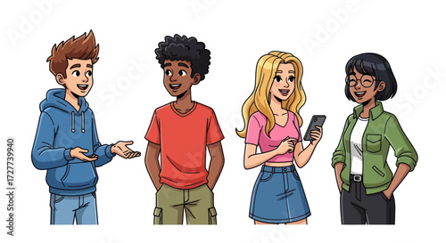 Diverse group of four young people in casual clothing smiling and interacting.