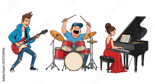 Cartoon Musicians: Guitarist Drummer and Pianist Performing Together.