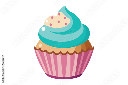 Sweet cupcake with light blue frosting and pink sprinkles presented on white backdrop