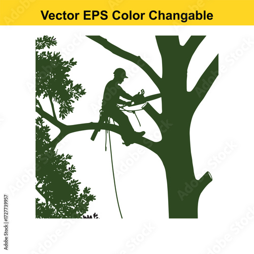 Vector art of arborist silhouette working on a tree