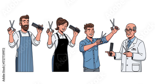 Diverse Professional Barbers and Hairdressers Holding Scissors and Combs.