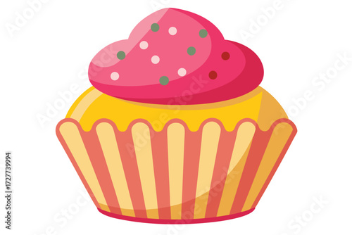 Delicious yellow cupcake features fluffy pink frosting and colorful sprinkles against a white background