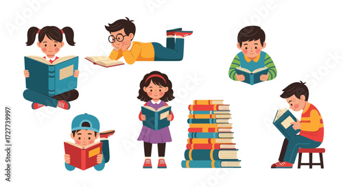 Cartoon Children Reading Books in Various Poses.