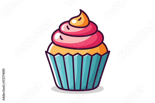 A delicious cupcake with pink frosting and a blue wrapper looks incredibly tempting