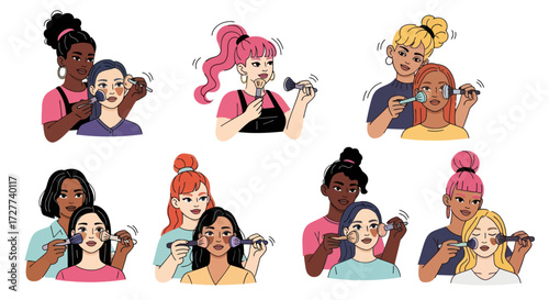 Diverse Women Applying Makeup Collaborative Beauty Routine.