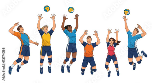 Group of Diverse Volleyball Players Jumping to Hit Balls in a Game.