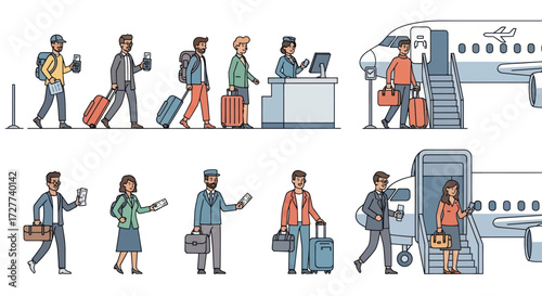Diverse Group of Passengers at Airport Boarding and Disembarking Airplane.