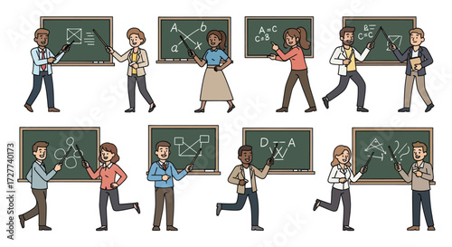 Diverse Teachers Presenting Lessons with Blackboards and Pointers.
