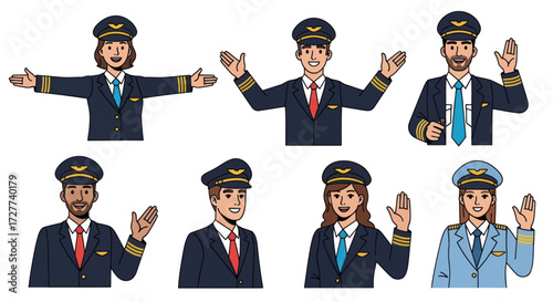 Diverse Group of Pilots in Uniforms Waving Hello.