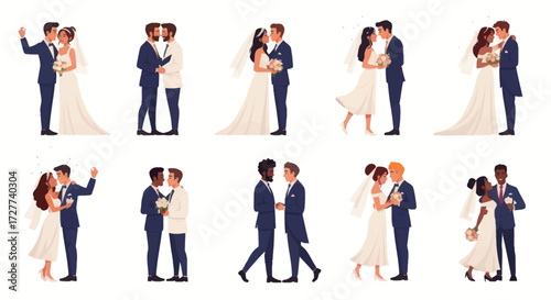 Diverse Wedding Couples Celebrating Love in Cartoon Style Illustrations.