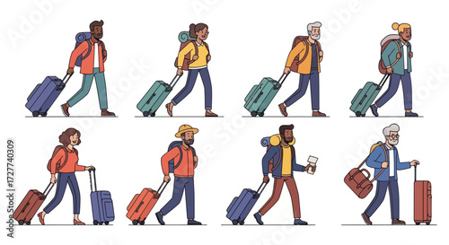 Diverse Group of Travelers with Luggage Walking Together.