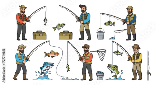 Collection of Fishermen Catching Fish with Rods and Tackle.