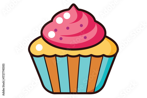Cartoon cupcake features pink frosting and a blue striped paper cup is visually charming