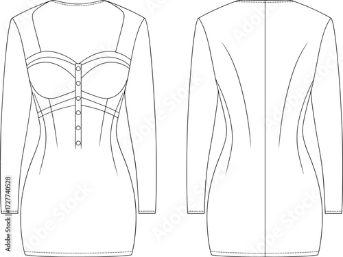 Fitted dress fashion sketch, sweetheart neckline, long sleeves, technical garment drawing, front and back view, bust cups, seam details