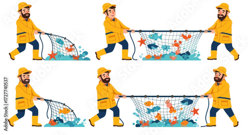 Two Fishermen Pulling a Net Full of Colorful Marine Life.