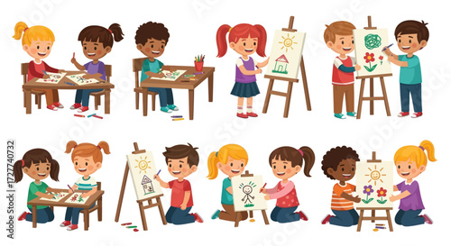 Diverse Group of Children Enjoying Art Activities Together.