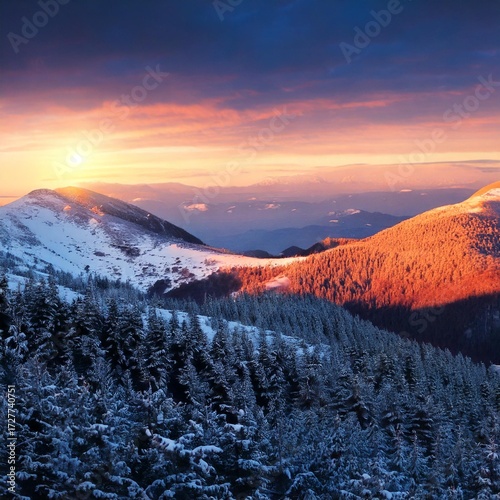 Evening landscape with beautiful natural winter snow, gorgeous and wild in autumn colors 