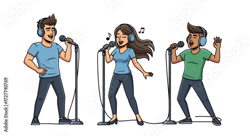 Cartoon Singers with Microphones Performing.