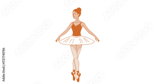 Ballerina in Orange Leotard and White Tutu Posing with Arms Extended.