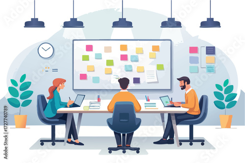 Team brainstorming session with sticky notes on whiteboard for business strategy and planning