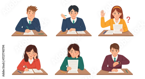 Set of diverse students at desks showing various emotions and actions during a classroom exam or lesson.