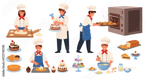 Diverse Pastry Chefs Preparing Various Baked Goods.