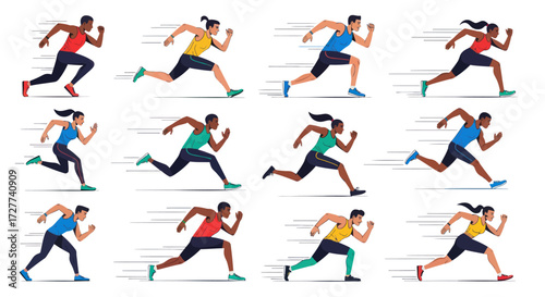 Vector illustration set of diverse men and women running fast with motion lines.